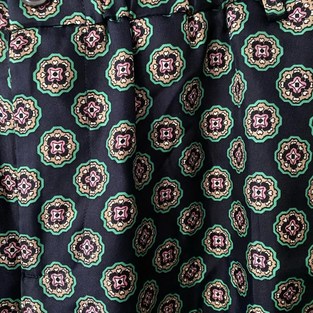 J.Crew Printed Slim (100%) Silk Pants | Navy & Green Pattern | Size 12 Like New